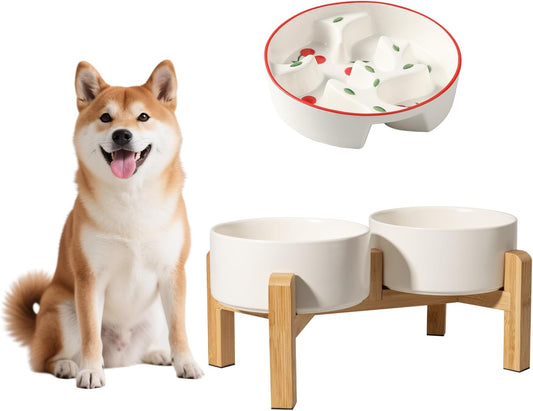Ceramic Dog Bowl Set for Medium Dogs - Colorful Slow Feeder & Double Water Bowls with Bamboo Stand - Anti-Gulping Food and Water Dish Combo