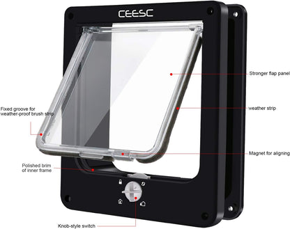 CEESC Large Cat Door for Interior/Exterior Door, Weatherproof, Black, Rotary 4 Way Locking Pet Door for Cats & Dogs with Circumference < 23.62", Upgraded Version