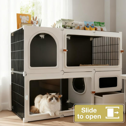 Cat Cage Cat Enclosure with Litter Box & Clear Sliding Door, Expandable Cat Playpen, Detachable Metal, Cat Cage Indoor and Outdoor, Ferret Cage