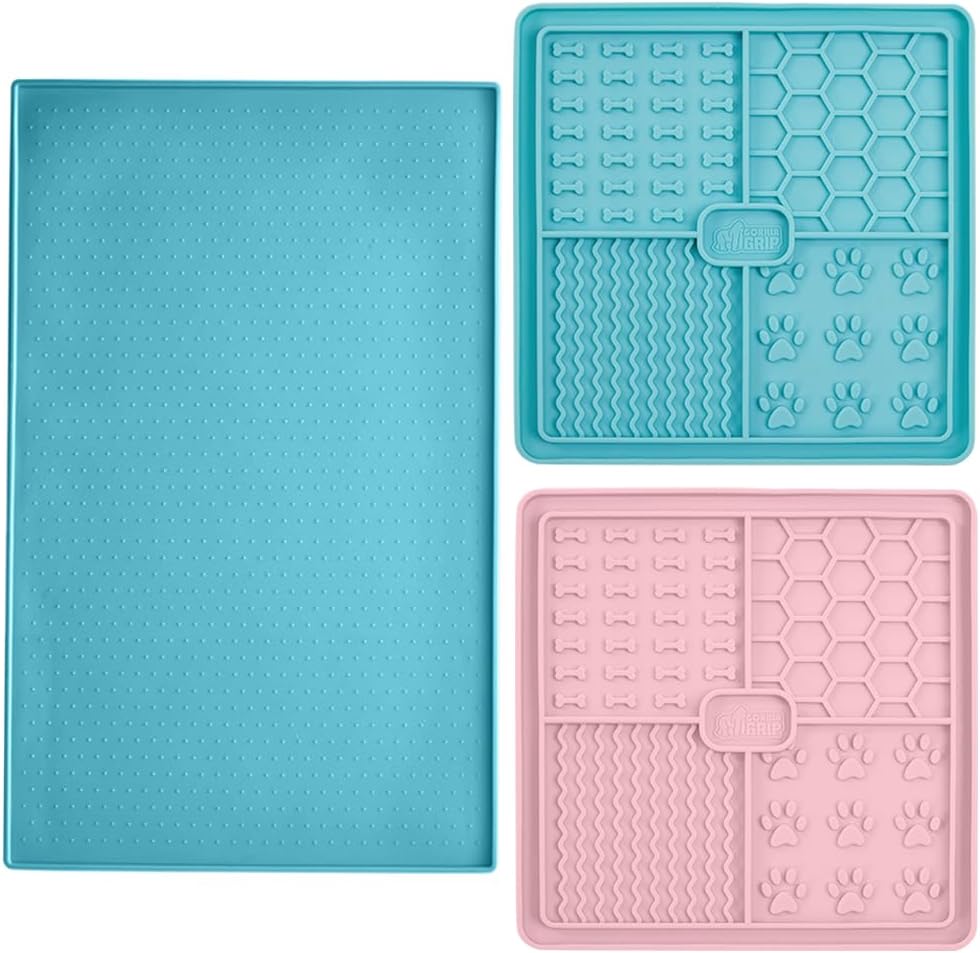 Gorilla Grip Silicone Pet Feeding Mat and Dog and Cat Lick Mat 2 Pack, 18.5x11.5 in Dog Cat Food Mat Contains Spills Turquoise, Interactive Activity Toy Licking Pad 1 Turquoise 1 Pink, 2 Item Bundle