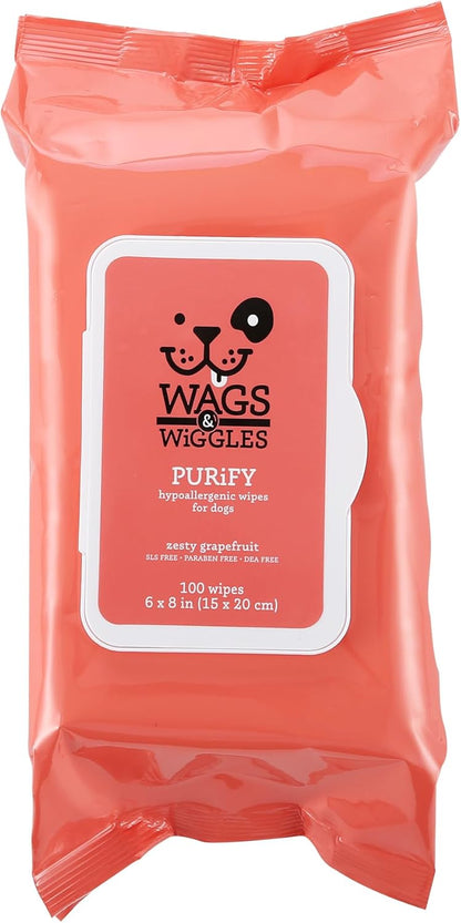 Wags & Wiggles Purify Hypoallergenic Wipes for Dogs, Zesty Grapefruit Scent - Scented Dog Wipes Gently Clean & Condition Your Dog's Coat Without A Bath, 100 Count