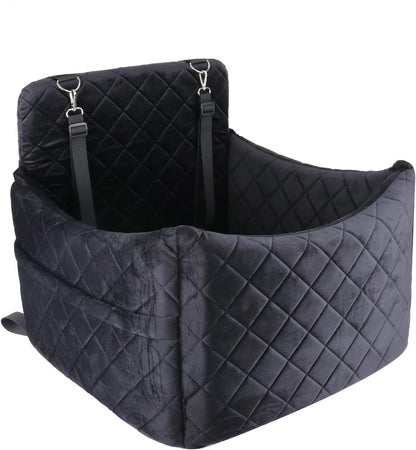 Dog Car Seat for S/M Dogs, Memory Foam Dog Booster Car Seat Up to 35lbs, Detachable Washable Pet Travel Bed with Side Pockets and 2 Safety Belts, Easy to Install (Black)