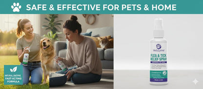 VetiZyme Flea & Tick Relief Spray – Natural Enzyme Pest Control for Dogs, Cats & Small Animals – Non Toxic, Chemical Free Flea Treatment – Safe for Pets, Bedding, Kennels & Home – Biodegradable