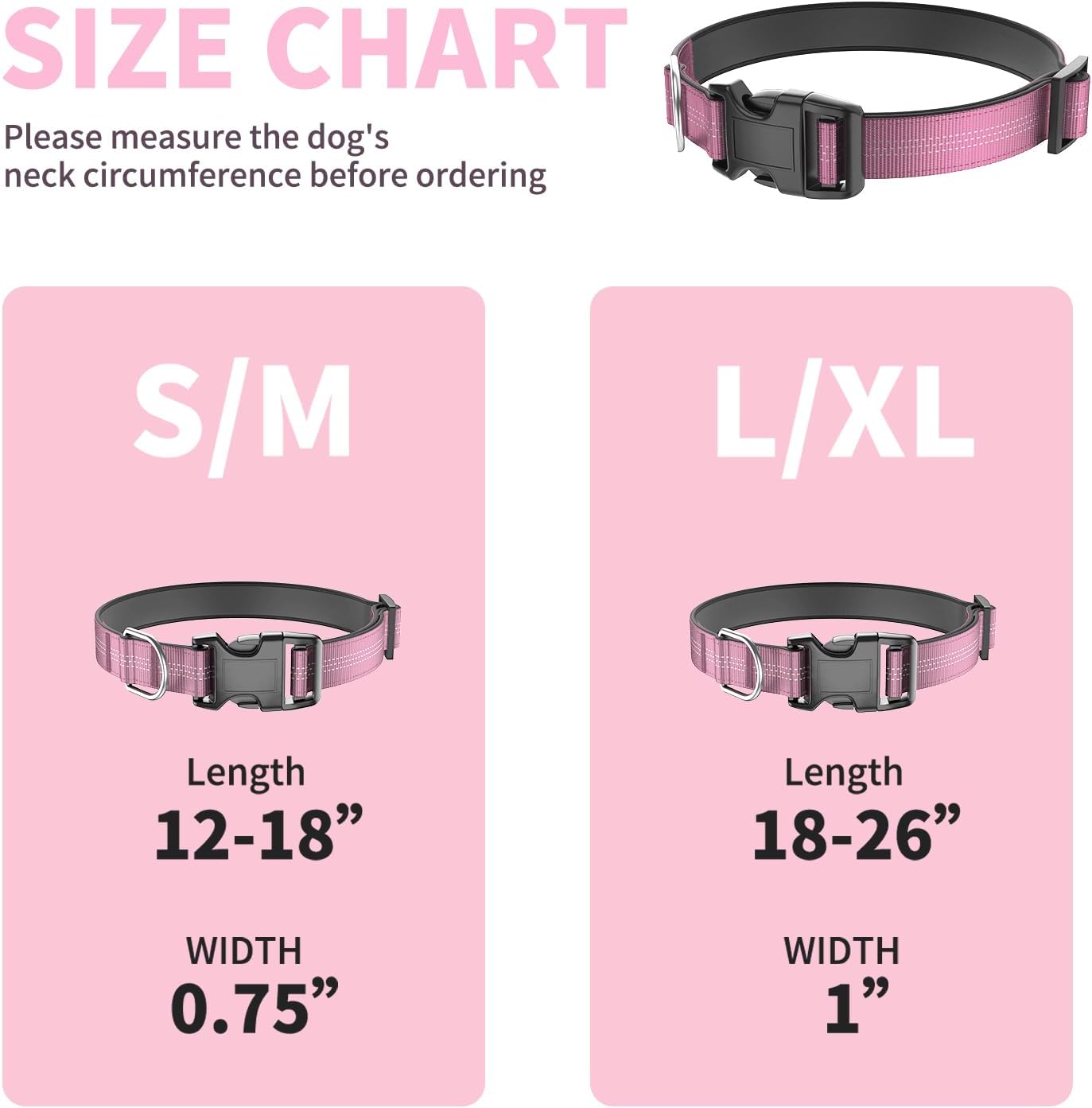 Thickened Padded Durable Dog Collar, Adjustable, Ultra-Durable, Suitable for Medium, and Large Breed Pet Collars (Pink, L)