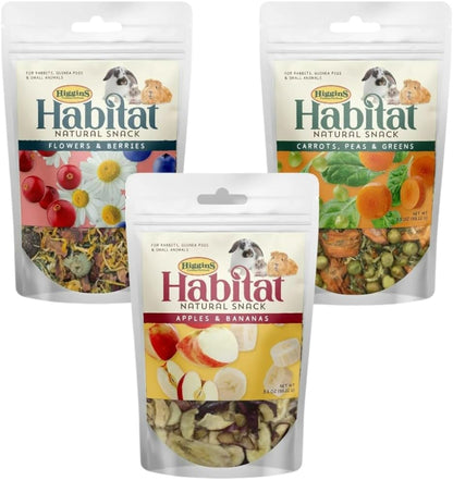 Higgins Habitat Natural Snack Small Animal Treat Bundle Habitat Natural Snack Rabbit Treat Apples/Bananas, Carrots/Peas/Greens & Flowers/Berries. 3.5oz Bags. Rabbits, Guinea Pigs, Hamsters