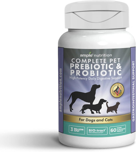 Ample Nutrition Complete Pet Prebiotic + Probiotic for Dogs & Cats, 60ct Pork Flavored Pearls