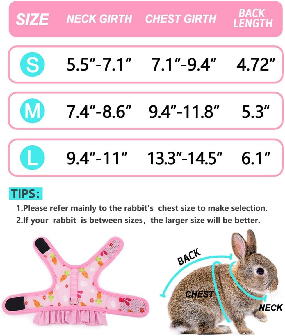 Pink Bunny Harness and Leash, Escape Proof Rabbit Harness and Leash Set, Cute Bunnies Vest Clothes Stuff Accessories - Also Suit for Ferret Kitten Puppy Small Animals, L(Adult Rabbit)
