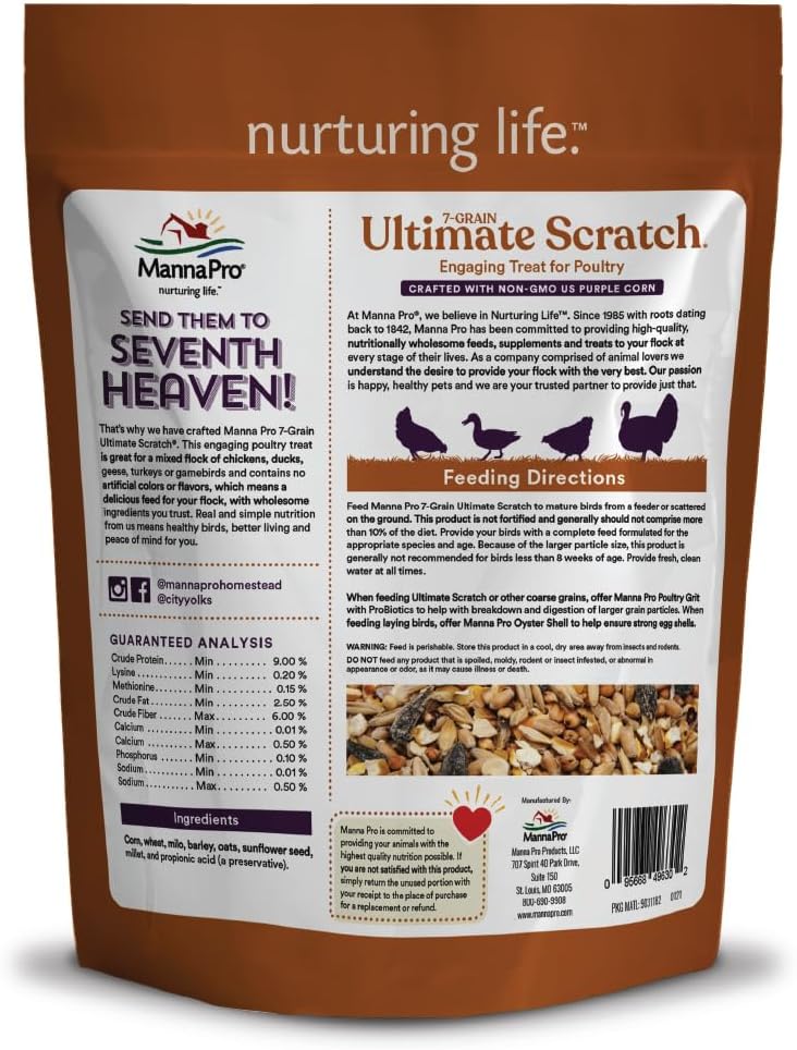 Manna Pro 7-Grain Ultimate Chicken Scratch – Non-GMO Scratch Grain Treat for Chickens, Hens and Other Birds – Natural Multigrain Blend for Poultry and Backyard Flocks – 10 lb Bag