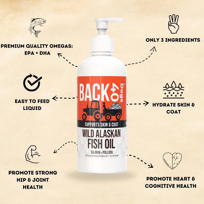 BACK 40 Dogs Wild Alaskan Fish Oil for Dogs, Skin and Coat Supplement for Dogs & Cats, Omega-3-Rich Salmon and Pollock Oil, EPA & DHA Dog Salmon Oil for Brain, Heart, and Joints 32 fl oz