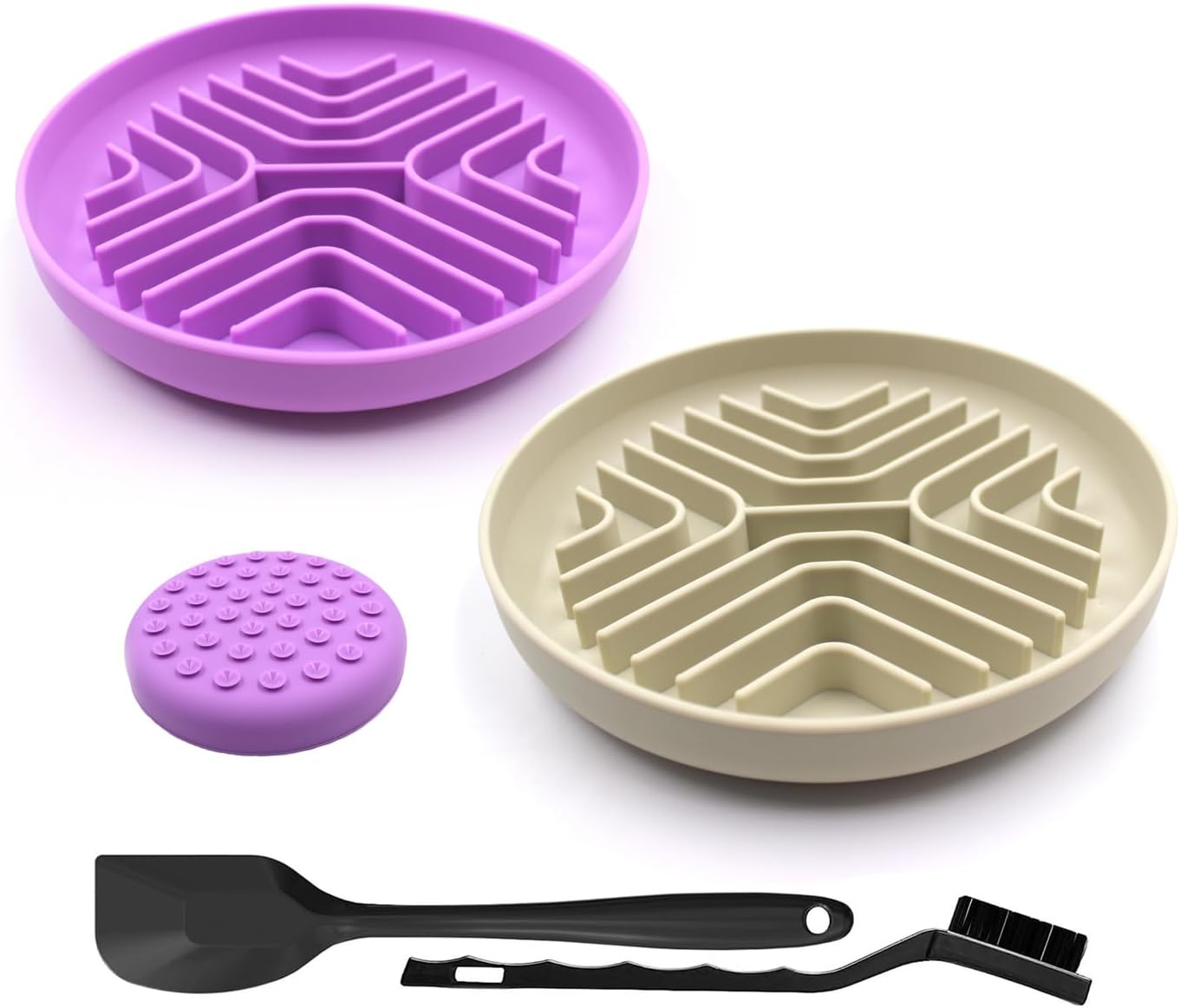 Slow Feeder Bowls for Dogs and Cats, 7.9inch Slow Down Bowl with Suction Cups, Puzzle Pet Bowls Non-Slip Design Dishwasher Microwave Safe 2PCS (Purple+Beige)