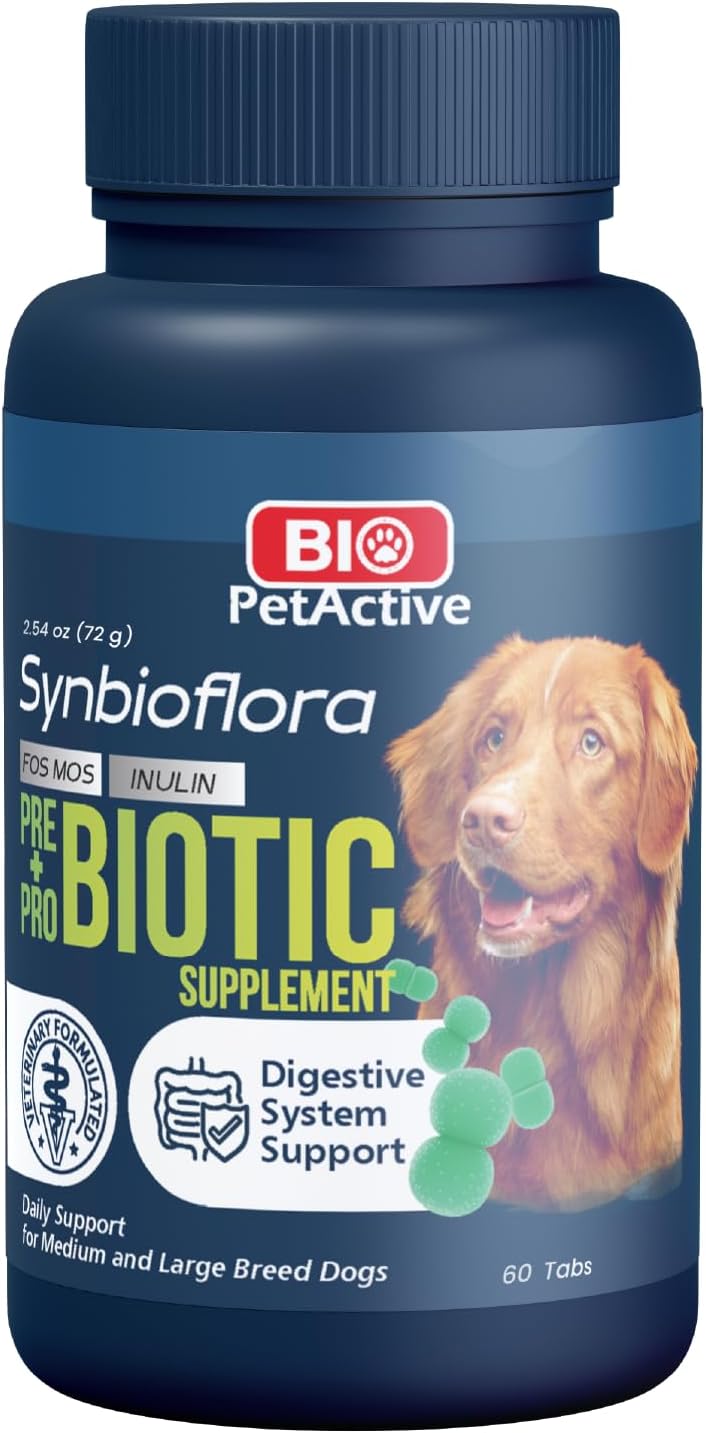 Bio PetActive Synbioflora Digestive Support for Medium and Large Breed Dogs | Probiotics & Prebiotics Supplement | Supports Digestion, Gut & Stomach Health | Helps with Diarrhea and Gas | 60 Chews