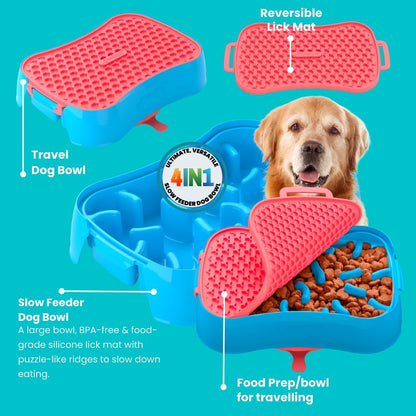 4-in-1 Slow Feeder Dog Bowl with Lick Mat – BPA-Free, Food Grade Silicone, Large Capacity for Large Dogs