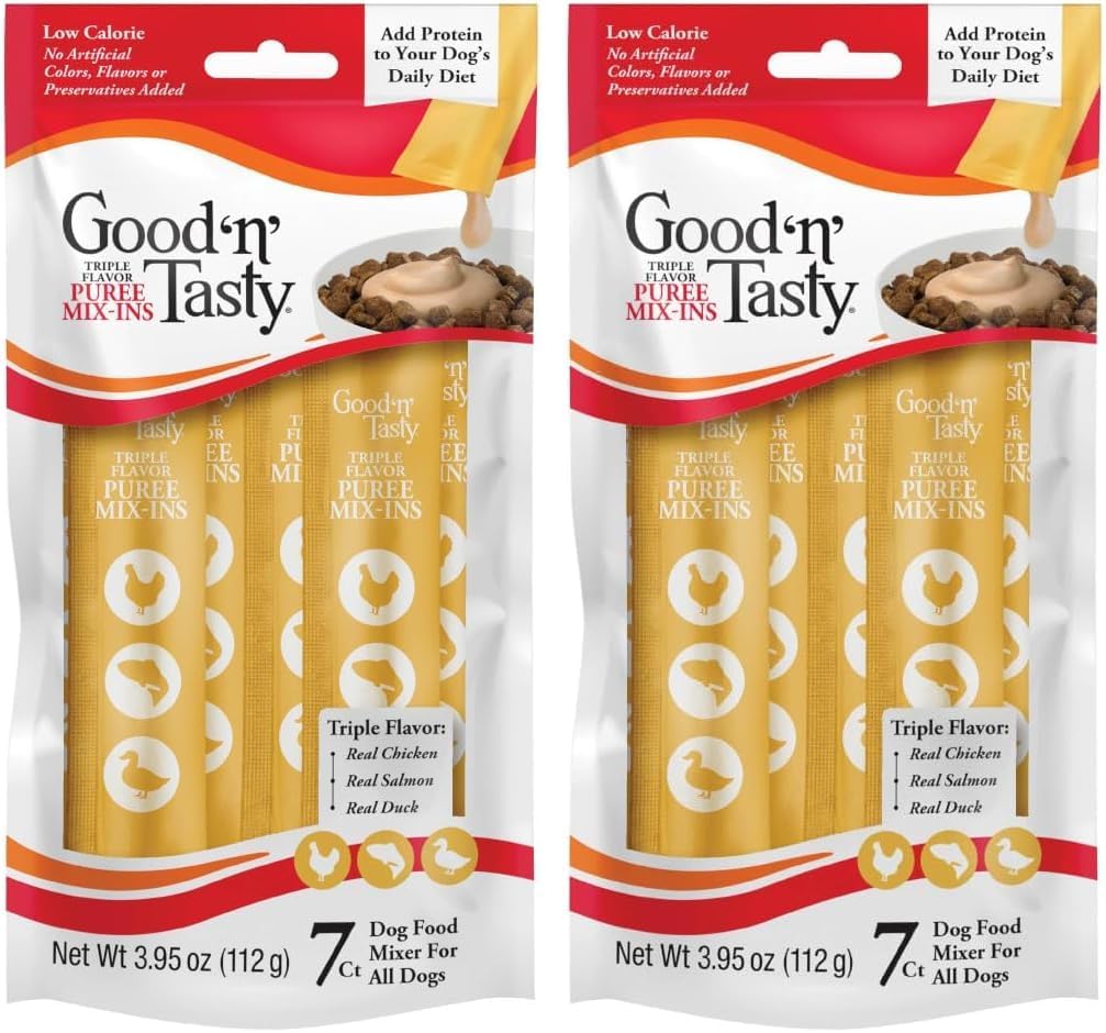 Good 'n' Tasty Triple Flavor Puree Mix-Ins Dog Food Topper Treats for All Dogs, 7 Count, Easy Single-Serve Portions, Added Protein with Chicken, Salmon and Duck (Pack of 2)