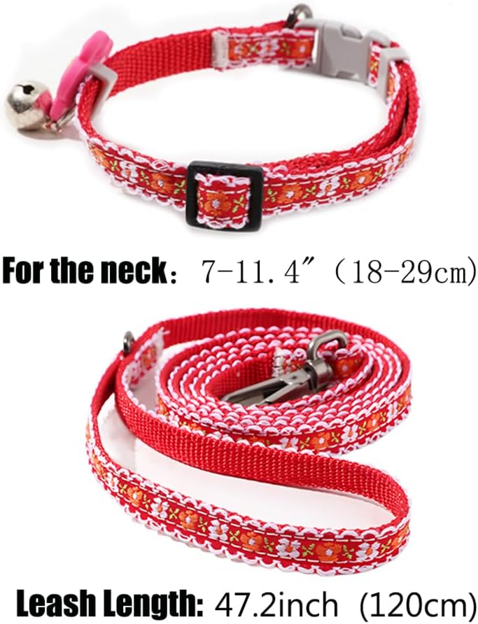XXS Dog Collar with Bell Leash Set, Basic Floral Puppy Collars for Girls Xs Small Cat Pet Animal Litter Tiny Kitten, Orange White