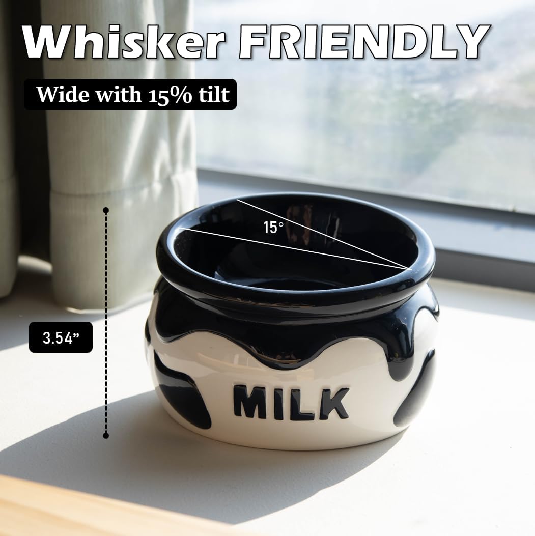 Ceramic Raised Cat Bowl, Elvated Cat Food and Water Bowl for Indoor Cats, Anti Vomiting and Whisker Friendly Kitty Dish-Microwave and Dishwasher Safe (Milk)