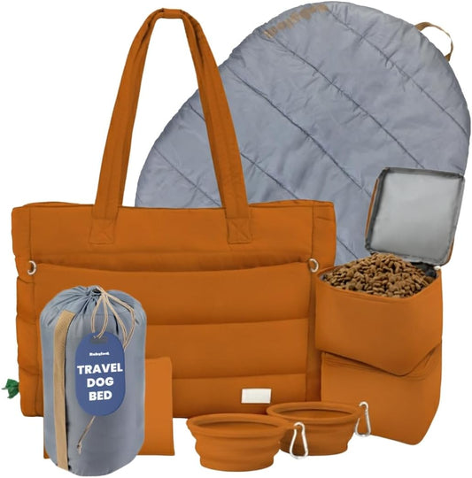rubyloo Dog Mom Bundle - Puffer Tote with Storage Containers (Rust) and Foldable Travel Bed (Foggy Trail Grey) - Travel Bag and Cozy Mat Set
