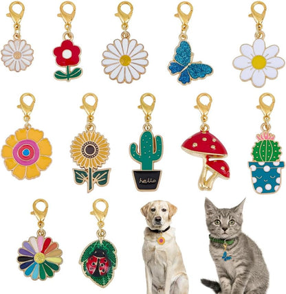 12 Styles Vegetative Collar Pendants for Cat Dog Alloy Enamel Cacti Pet Collar Pendants Clip-on Butterfly Flower Pet Collar for Bag Keychain Jewelry Making Training Home Decor