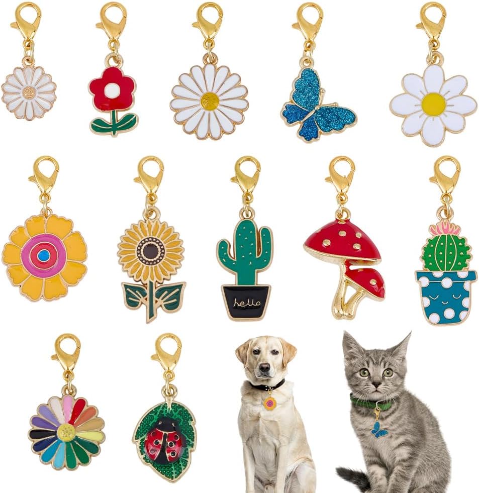 12 Styles Vegetative Collar Pendants for Cat Dog Alloy Enamel Cacti Pet Collar Pendants Clip-on Butterfly Flower Pet Collar for Bag Keychain Jewelry Making Training Home Decor