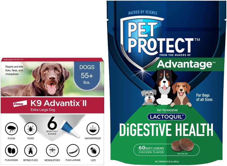 Bundle of K9 Advantix II XL Dogs Over 55 lbs. | 6-Mo Supply + Pet Protect Dog Digestive Health Supplement 60 Chews