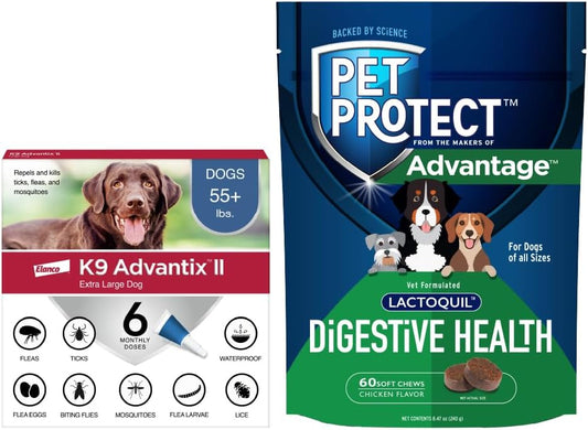 Bundle of K9 Advantix II XL Dogs Over 55 lbs. | 6-Mo Supply + Pet Protect Dog Digestive Health Supplement 60 Chews