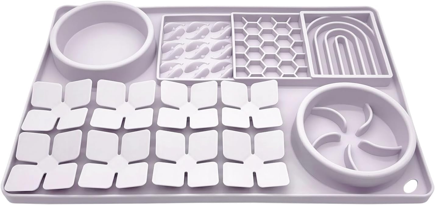 Slow Feeder Bowl Bundle: Lavender Gray 4in1 Licking mat (15.75" x 10.5" x 1.2") + Pink Starry Sky Feeder (5.3" x 3.7"), Silicone Lick mat with Suction Cups for Slow Eating and Keep Busy