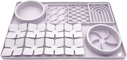 Slow Feeder Bowl Bundle: Lavender Gray 4in1 Licking mat (15.75" x 10.5" x 1.2") + Pink Starry Sky Feeder (5.3" x 3.7"), Silicone Lick mat with Suction Cups for Slow Eating and Keep Busy