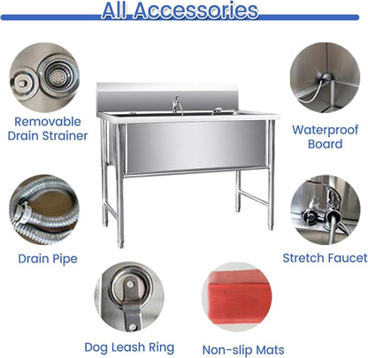 Dog Washing Station for Home with Anti Slip Pad & Dog Leash Ring - Dog Grooming Bath Tub Stainless Steel - Pet Wash Station for Large, Medium & Small Dogs(Large)