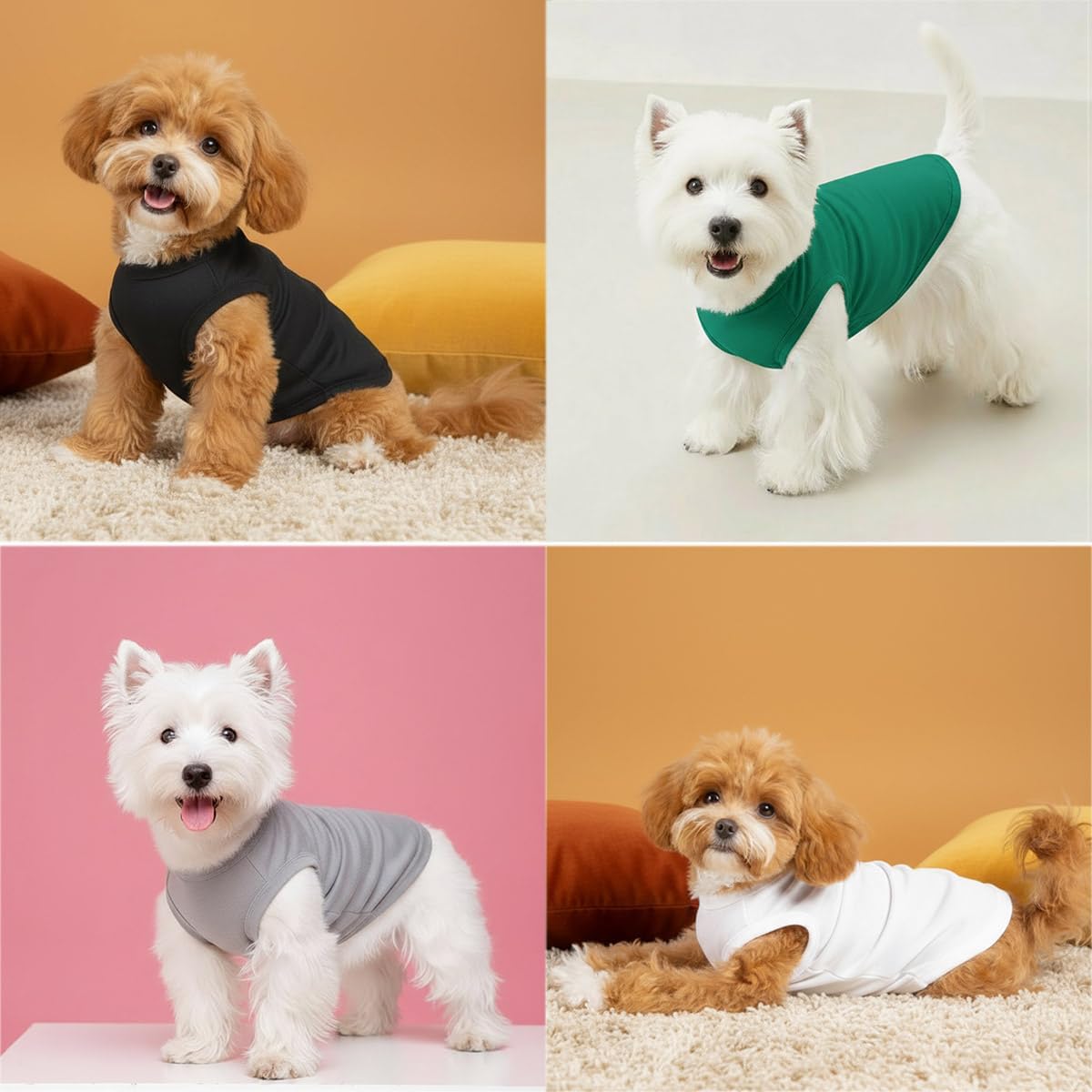 Chol&Vivi Plain Dog Shirt, 4pcs Blank Cotton Shirts Fit for Extra Small to Extra Large Size Dogs, Sleeveless Apparel Soft and Lightweight, Tank Top for All Breeds, Black/Grey/White/Dark Green, Large