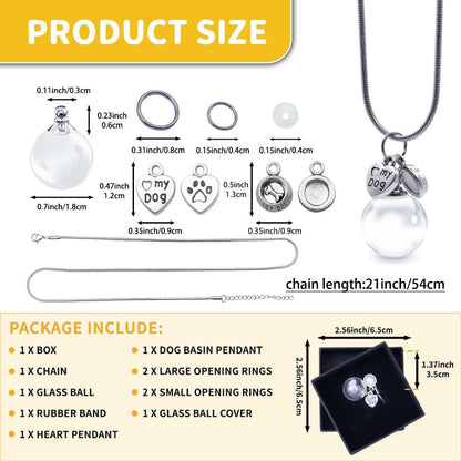 Dog Fur Memorial Necklace Pet Hair Mini Glass Ball Keepsake with Love Pendant Stainless Steel Chain Small Urn Handmade Jewelry DIY Gift for Dog Lover(Silver)