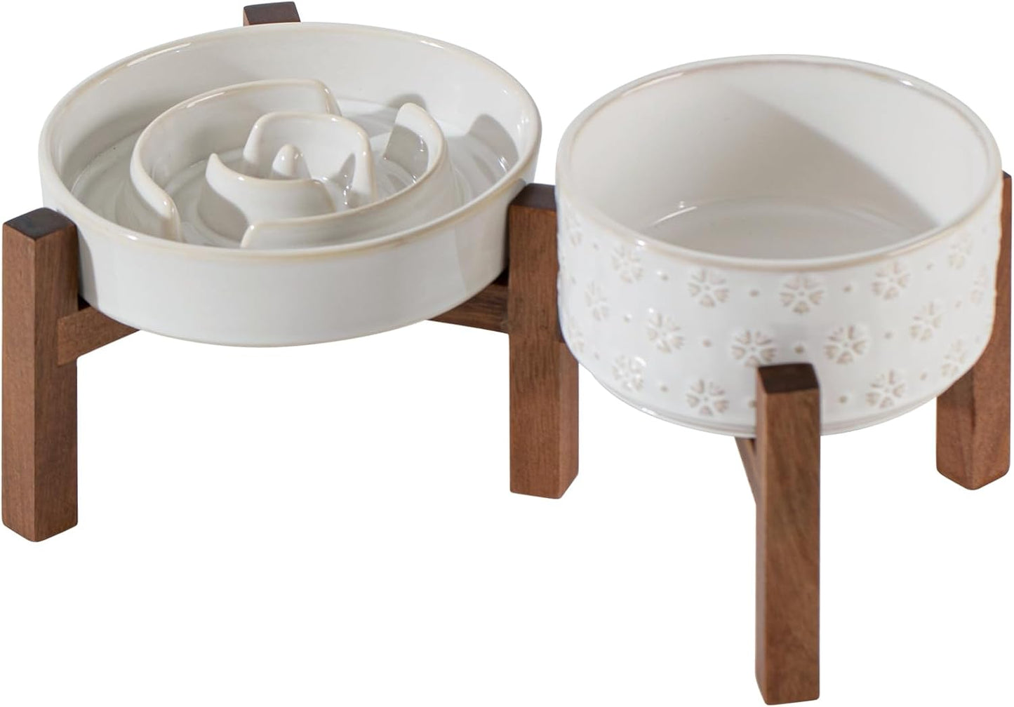 Ceramic 1.2 Cup Raised Slow Feeder Dog Bowl Set, Elevated 6.1inch Bowl and 7.3inch Dish with Acacia Wood Stand for Small and Medium Dog(2 x Reactived Glaze -White+ Stand)