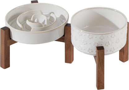 Ceramic 1.2 Cup Raised Slow Feeder Dog Bowl Set, Elevated 6.1inch Bowl and 7.3inch Dish with Acacia Wood Stand for Small and Medium Dog(2 x Reactived Glaze -White+ Stand)