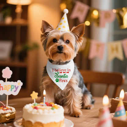 I Believe in Santa Paws White Dog Bandana, Christmas Birthday Gifts for Dog Owner Lover, Cute Puppy Scarf Photo Shoot for Holiday Party, Christmas Costume for Festive Celebration