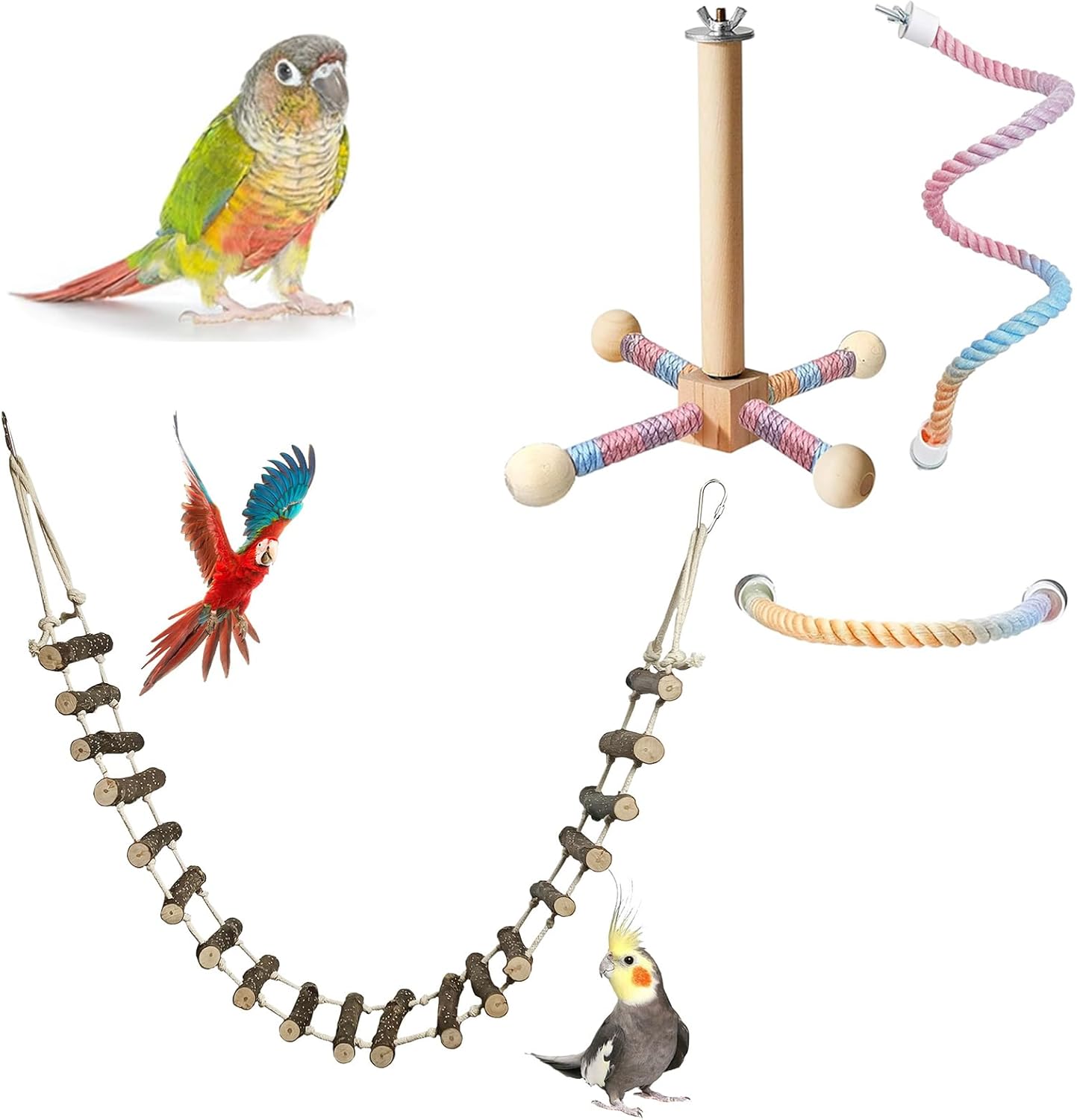 BNOSDM Wooden Long Bird Ladders and 3Pcs Bird Rope Perch Toys for Parrot