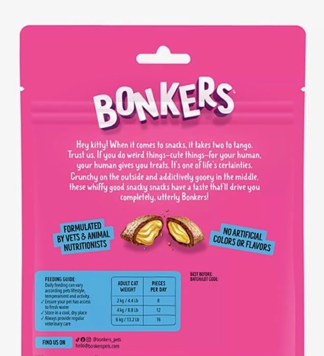 Bonkers Cat Bites, Crunchy & Soft Salmon Supreme Flavor Treats, Low Calorie, Training or Food Topper 3 oz -2 Pack Plus 4 Cat Spring Toys