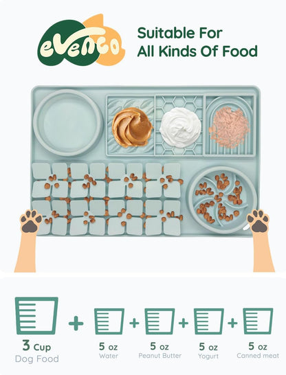 Slow Feeder Bowl Bundle: Mint Green 4in1 Licking mat (15.75" x 10.5" x 1.2") + Light Blue Starry Sky Feeder (4.3" x 2.9"), Silicone Lick mat with Suction Cups for Slow Eating and Keep Busy