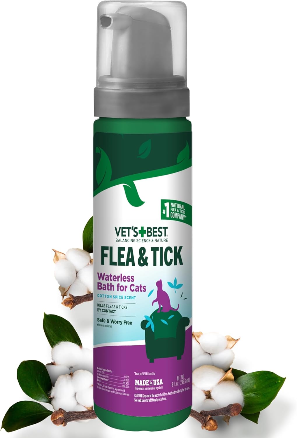 Vet's Best Natural Waterless Flea & Tick Bath for Cats – Natural Dry Shampoo for Cat Flea and Tick Prevention – No-Rinse Formula with Certified Essential Oils – Plant-Based Cat Wash – 8 oz Bottle