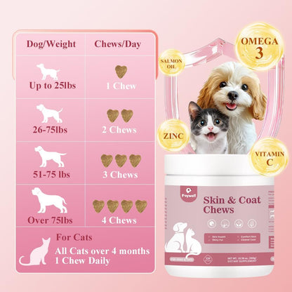 Skin & Coat Chews Supplement for Dogs & Cats, Omega & Salmon Oil Support Skin Health & Shiny Fur, 120ct/300g