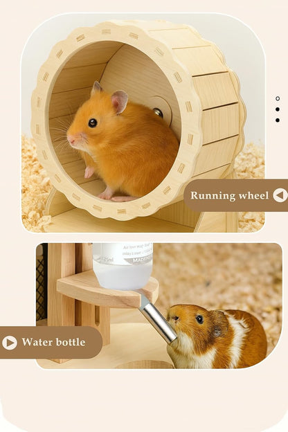 Hamster House Wooden Hamster Wheel & Water Bottle Set, Silent Exercise Wheel 5.9" with Adjustable Water Dispenser Stand, Small Animal Accessories for Ham Ster, Gerbil, Guinea Pig, Mice (3 Pcs)
