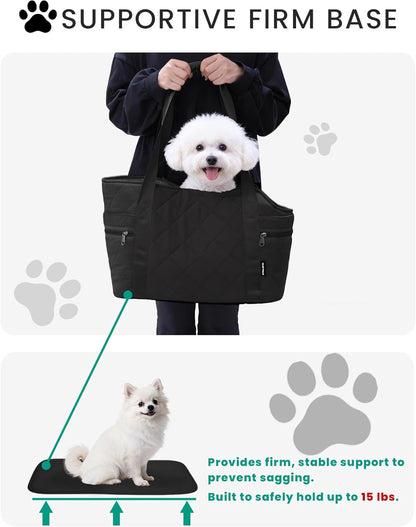 Lightweight Dog Purse Carrier for Small Dogs up to 15 lbs, Dog Tote Bag Puppy Carrier, Soft Plush Interior, Safety Leash Clip, 4 Side Pockets Dog Carrier Bag for Travel & Walking, Black