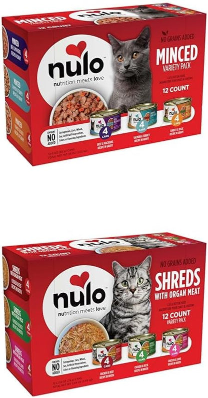 Bundle of Nulo Variety Flavors Grain-Free Minced Wet Canned Cat Food, 3 Ounce (Pack of 12) + Nulo Real Shreds with Organ Meat Wet Canned Cat Food, Variety Flavors, 2.8 Ounce, 12 Cans