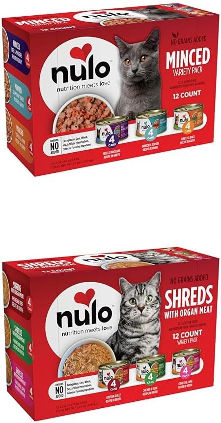 Bundle of Nulo Variety Flavors Grain-Free Minced Wet Canned Cat Food, 3 Ounce (Pack of 12) + Nulo Real Shreds with Organ Meat Wet Canned Cat Food, Variety Flavors, 2.8 Ounce, 12 Cans