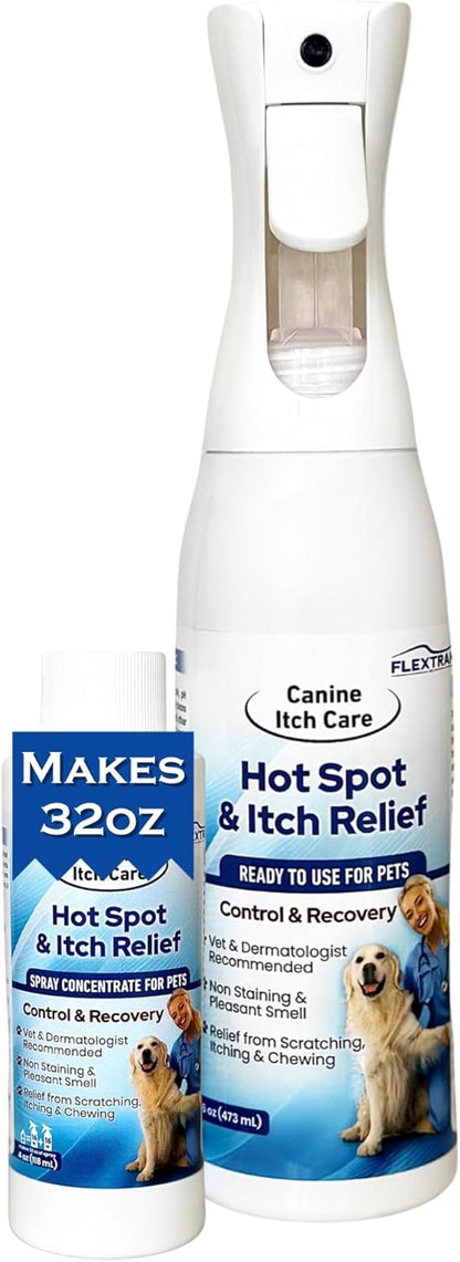 Canine Itch Care Hot Spot Spray & Itch Relief For Dogs and Cat. Remedy for Dog Itching, Dry Skin, Rash, Ringworm, Dermatitis, Itchy Paw, Irritation on Skin, Skin Allergy, Wound Care (Makes 32 oz)