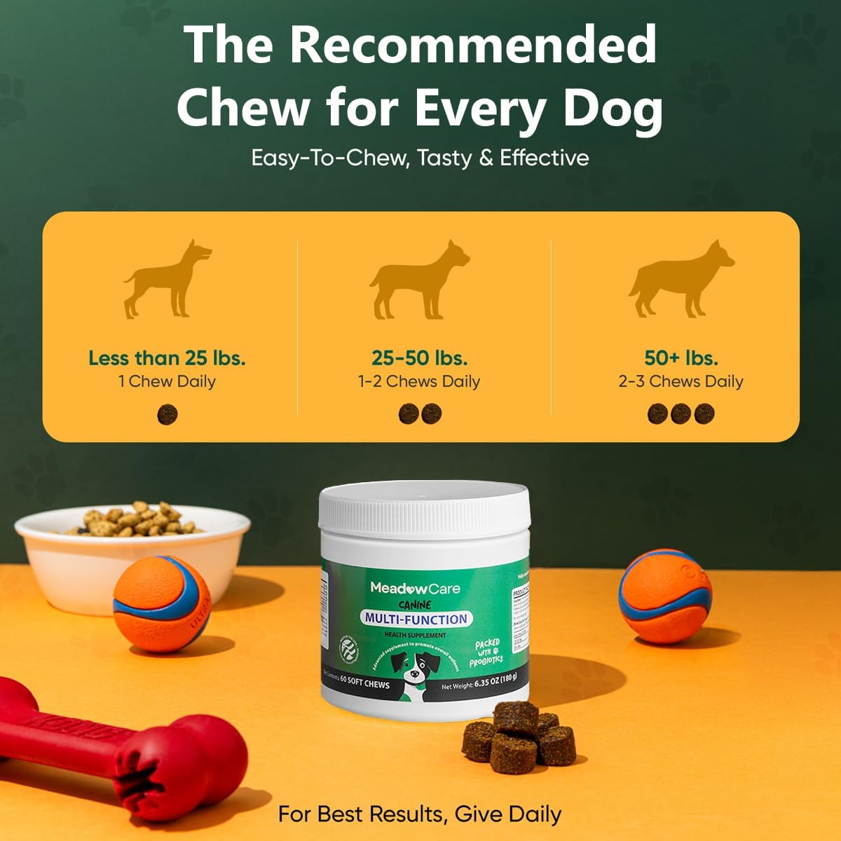 Multi-Function Supplement for Dogs | Supportive Daily Nutritional Soft Chews | Joint Mobility, Skin & Coat | Immune Support with Probiotics | 60 Count, 180 g (6.35 oz) | by Meadowcare