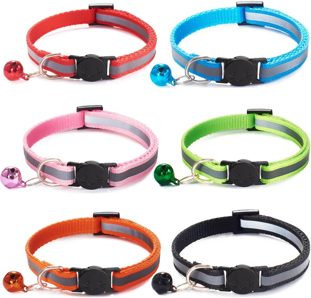 6 Pack Reflective Cat Collar with Bell, Breakaway and Safe Collars for Cats, Nylon, Pet Collar Mixed Colors Adjustable19-32cm