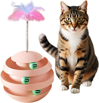 Interactive Cat Toy, Wobble Rotating Fun Tumbler Tunnels with Feather Sticks for Indoor Cats to Play Alone, Exercise & Reduce Anxiety (Pink)