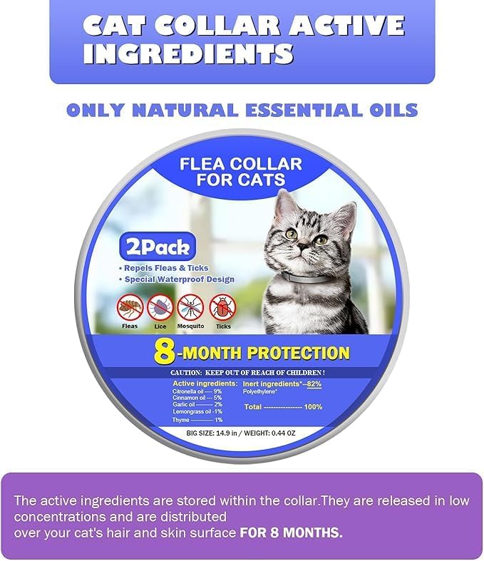Flea and Tick Collar for Cats 2 Pack, 8-Month Plant-Based Formula with Natural Essential Oils, Waterproof and Comfortable Fit, Comes with Free Comb