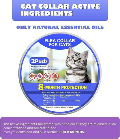 Flea and Tick Collar for Cats 2 Pack, 8-Month Plant-Based Formula with Natural Essential Oils, Waterproof and Comfortable Fit, Comes with Free Comb