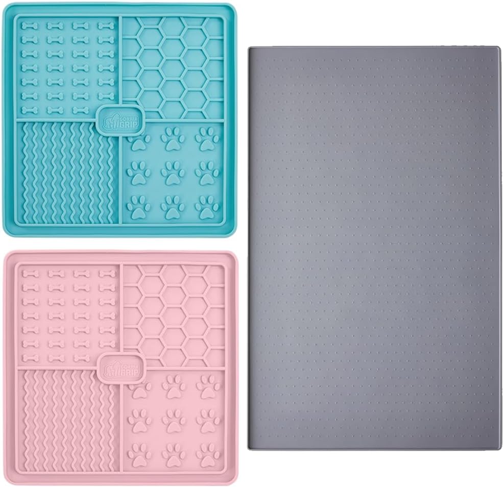 Gorilla Grip Dog and Cat Lick Mat 2 Pack and Silicone Pet Feeding Mat, Interactive Activity Toy Licking Pad 1 Turquoise 1 Pink, 18.5x11.5 in Dog Cat Food Mat Contains Spills Gray Color, 2 Item Bundle