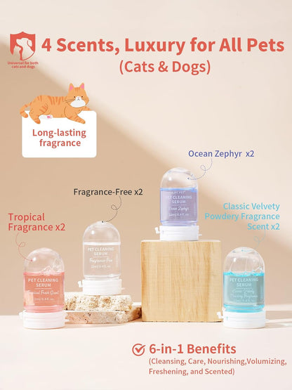 Waterless Dog & Cat/Kitten Shampoo – Odor Control, Safe to Lick, Plant-Based, No Bath Needed – Stain Remover – 8 x 0.41 fl oz (12ml) Travel Tubes – 4 Calming Scents – Ideal for Sensitive Pets