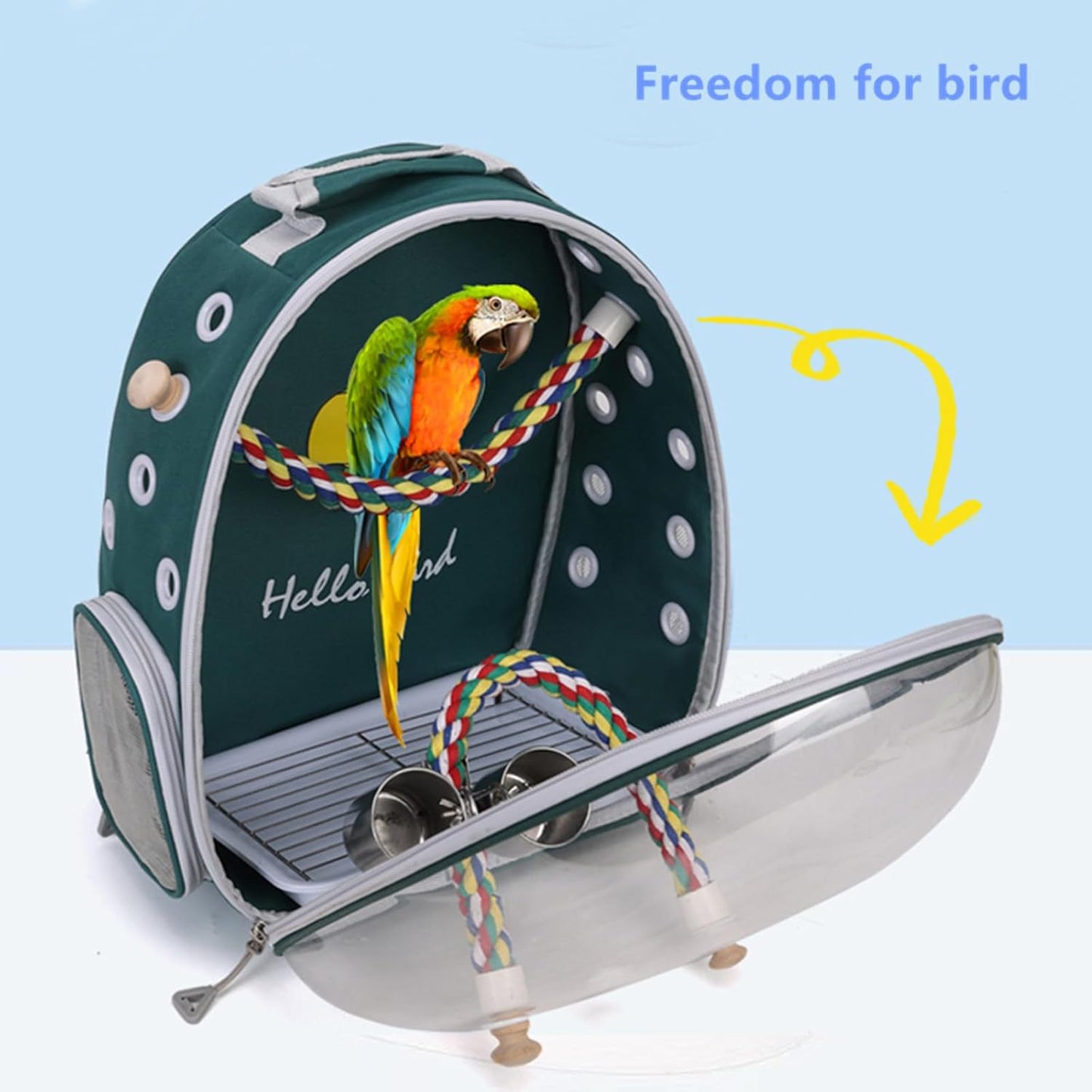 Bird Traval Carrier Cage, Multi Vent Holes Clear Space Capsule Astronaut Backpack to Carry Parakeet Cockatiel Parrot with Metal Tray Wood Perch, Vet Transport Book Bag (Green) (Green)